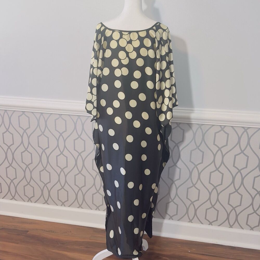 Women's Silk Kaftan Robe Momo Silk Satin Black White Spots Circles Maxi one Size